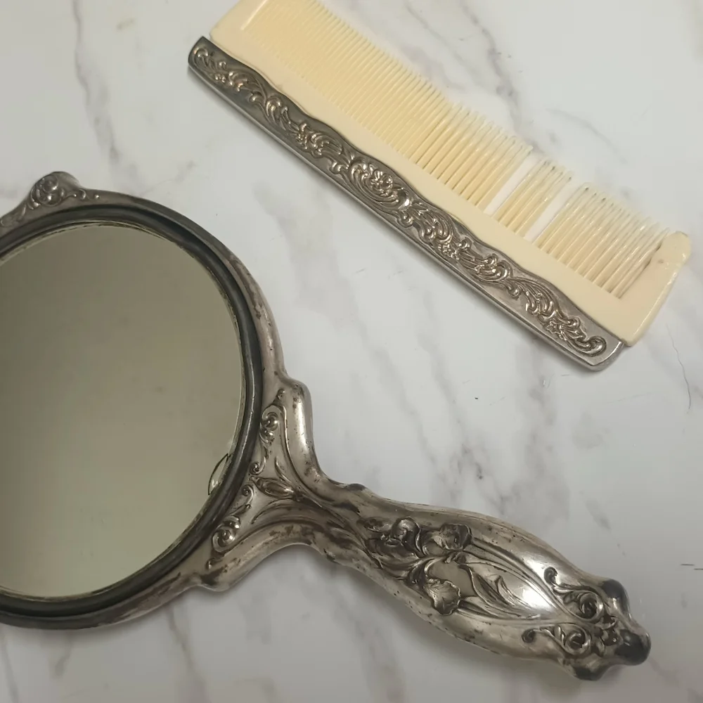Antique Art Nouveau Sterling Silver Hand Mirror & Comb